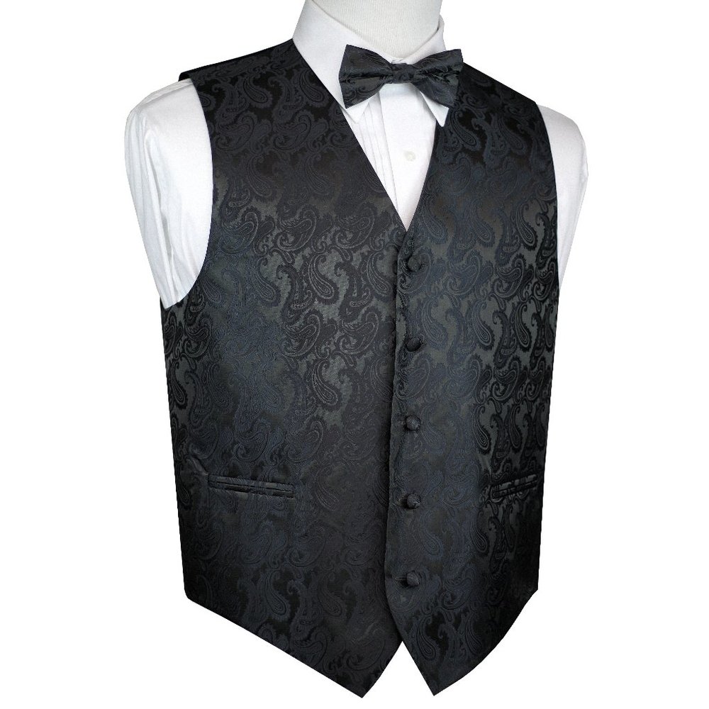 Men's Formal Wedding Prom Tuxedo Vest Bow-Tie & Hankie set - Charcoal Paisley